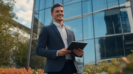 Aufkleber - A man in a suit holding a tablet in a city setting