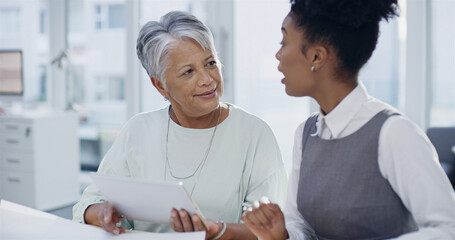 Poster - Business women, tablet and discussion in office with report, team and review at company. People, mentor and touchscreen with project, feedback and research for risk management at insurance agency