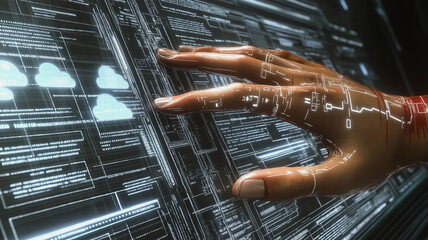 Poster - A hand is touching a computer screen with a lot of lines and numbers. Concept of technology and the idea of interacting with a computer