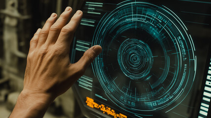 Poster - A hand is touching a computer screen with a green circle on it. The circle is surrounded by a lot of lines and he is a computer screen