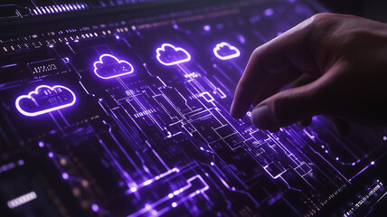 Wall Mural - A hand is pointing at a computer screen with a purple background and a cloud symbol. Concept of technology and innovation, as the hand is reaching out to interact with the digital display