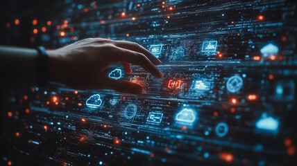 Poster - a hand is touching a computer screen with a red dot on it. the screen is filled with various icons a