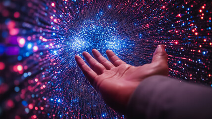 Poster - A hand is reaching out into a blue and red swirl of light. Concept of wonder and curiosity, as if the hand is trying to grasp something beyond its reach