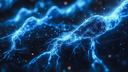 Poster - The image is a blue and white representation of neurons. The neurons are shown in various sizes and shapes, with some being larger and others smaller. The image has a dreamy