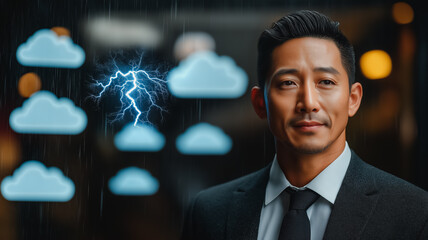 Poster - A man is standing in front of a screen with a lightning bolt and clouds. He is wearing a suit and tie