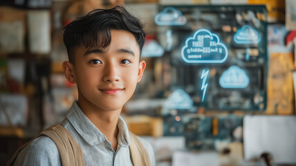 Poster - A young boy is smiling at the camera in front of a computer monitor with a cloud icon on it. Concept of technology and innovation, as well as a positive and friendly atmosphere