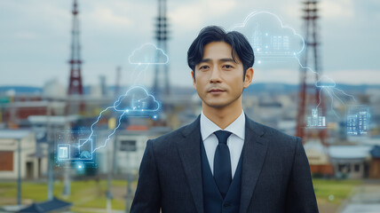 Poster - a man in a suit stands in front of a city skyline with a cloud of technology surrounding him