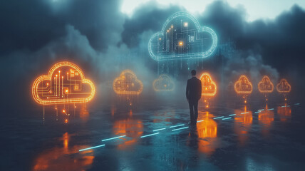 Poster - A man is walking down a street with a series of glowing clouds in the background. The clouds are all different shapes and sizes, and they seem to be floating in the air. The scene has a futuristic