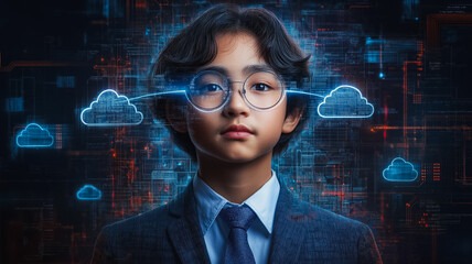 Poster - a young girl wearing glasses and a suit stands in front of a computer screen with a cloud on it