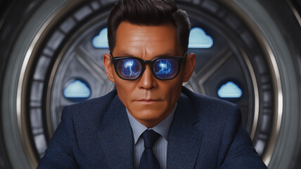 Wall Mural - A man wearing blue glasses and a suit is sitting in front of a circular window. The man is wearing a tie and has a serious expression on his face