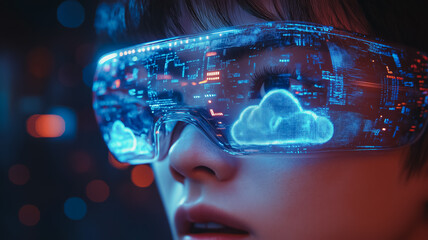 Poster - A woman is wearing a pair of blue virtual reality goggles that have a cloud on them. The goggles are designed to make the wearer feel like they are in a different world