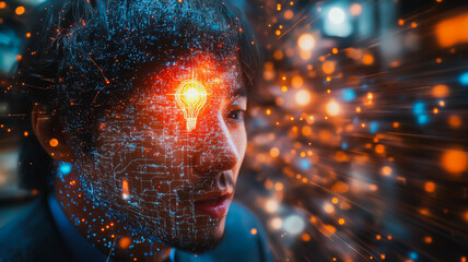 Poster - A man's face is projected onto a screen with a light bulb in the center. Concept of intelligence and creativity, as the light bulb represents an idea or a thought