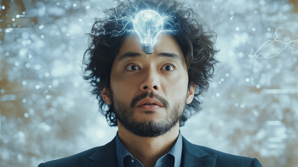 Wall Mural - A man with a bulb on his head is staring at the camera. Concept of intelligence and creativity