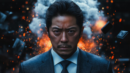 Poster - a man in a suit is standing in front of a fire. he is looking at the camera with a serious expressio