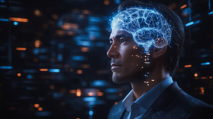 Poster - A man with a brain on his head is staring at the camera. The image is a futuristic representation of the human brain, with a blue and orange background. The man is wearing a suit and tie