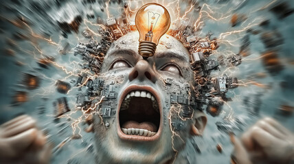 Poster - A man's face is shown with a light bulb on his head, surrounded by a chaotic and violent scene. Concept of anger and frustration