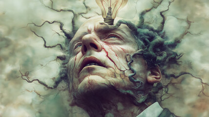 Poster - A man with a bulb in his head. The man is looking at the camera. The image is a work of art