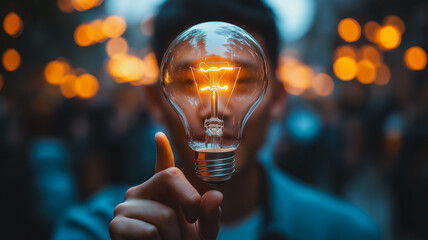 Poster - A man is holding a light bulb up to his face. Concept of creativity and innovation, as the light bulb is often associated with ideas and inspiration