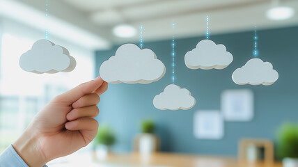 Poster - A hand is holding a cloud with a blue and white background. The clouds are scattered throughout the image, with some closer to the foreground and others further away
