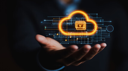 Poster - A hand holding a glowing cloud. Concept of a powerful and secure cloud storage system