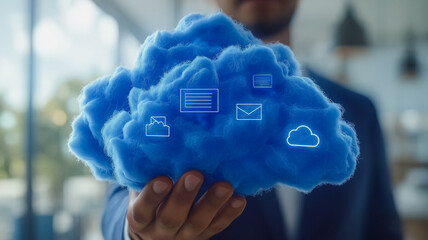Poster - A man is holding a blue cloud with various icons on it, including an envelope and a cell phone. Concept of technology and communication, as well as the importance of staying connected in today's world