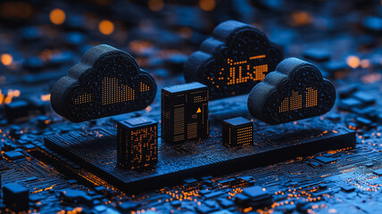 Poster - A computer chip with a cloud on it. The cloud is surrounded by other clouds and the chip is surrounded by other chips