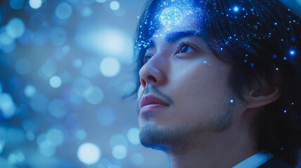 Poster - A man with a beard and a blue shirt looking at the camera. The image has a futuristic and sci-fi vibe to it