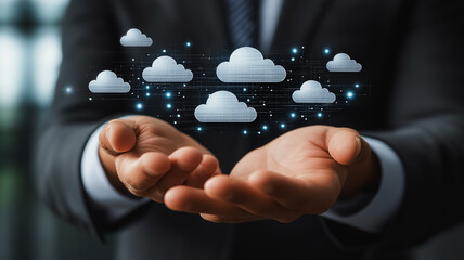Poster - A man is holding his hands up to show a cloud of clouds. The clouds are made of computer code and are floating in the air. Concept of technology and innovation