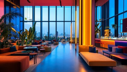 Poster - A modern and stylish lounge area with large windows offering a panoramic view of the city skyline. The lounge features comfortable seating, vibrant colors, and a bar.