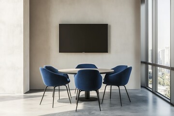 Poster - Modern office meeting room with a round table, blue chairs, and a flat screen TV on the wall.