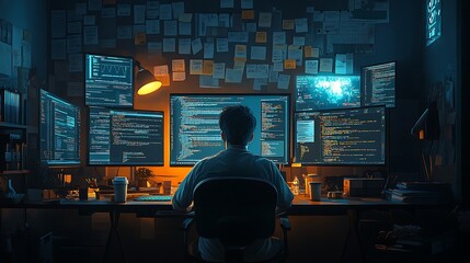 A developer working tirelessly, eyes glued to the screen, desk covered in sticky notes with reminders and code snippets, empty coffee cups stacked up,