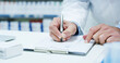 © peopleimages.com - Person, doctor or hands with documents for writing prescription or medical insurance at pharmacy. Closeup, healthcare or pharmacist with paperwork for pharmaceutical record or invoice at dispensary