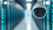 © InkCrafts - Security camera monitor in data center with blue lights, high-tech environment.