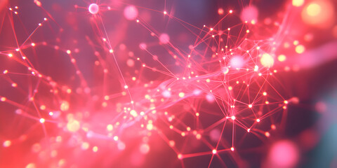 Poster - Red Abstract Network: Glowing connections and nodes form a dynamic, abstract network.  A vibrant red color palette evokes energy and innovation. Perfect for tech, communication, or futuristic themes.