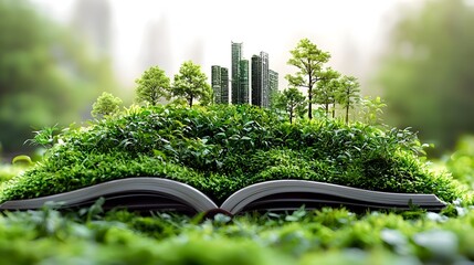 Poster - green energy icons expanding into a lush verdant landscape symbolizing sustainability environmental 