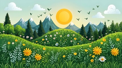 Poster - of green energy icons or symbols expanding and growing into a lush flourishing natural landscape rep