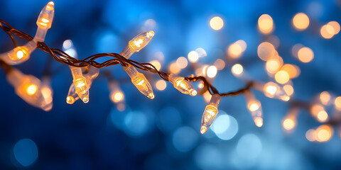 Wall Mural - twinkling lights: a string of warm, inviting fairy lights illuminates a backdrop of soft blue, creat