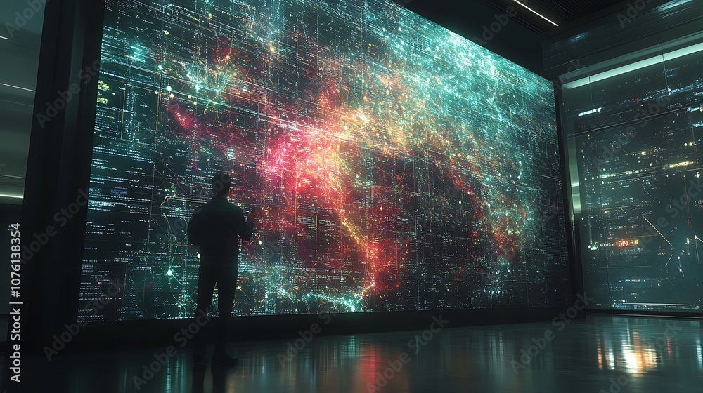 Developer analyzing Python code for a deep learning model, large screen ...