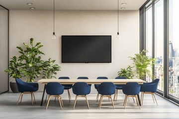 Poster - Modern conference room with large TV screen, wooden table, blue chairs, and plants.
