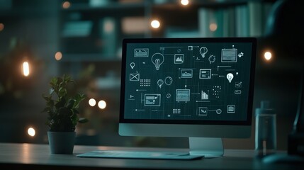 Aufkleber - Modern Computer Screen Displaying Colorful Digital Interface with Creative Icons and Flowing Data in a Stylish Work Environment at Night