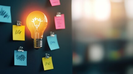 Poster - Creative Light Bulb Idea with Sticky Notes on a Dark Surface, Symbolizing Inspiration, Innovation, and Brainstorming in a Modern Office Environment