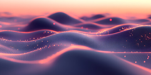 Poster - sunset data waves: abstract digital landscape of undulating waves, glowing with warm sunset hues and