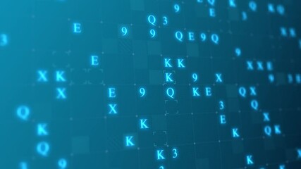 Poster - Blue glowing letters and numbers matrix abstract background, horizontal composition. Technology background. Fast version.