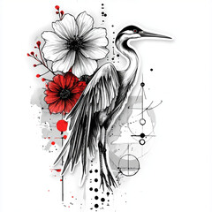 Poster - flying crane sticker with patterns, black and white drawing, schematic design, lines, geometric shapes, flowers, on a white background 