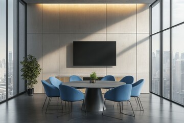 Poster - Modern conference room with a large window, a round table, blue chairs, and a large blank screen.