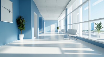 Poster - Modern, bright hallway with blue walls, large windows and white chairs.