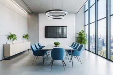 Poster - Modern conference room with large windows, a long table, blue chairs, and a flat-screen TV.