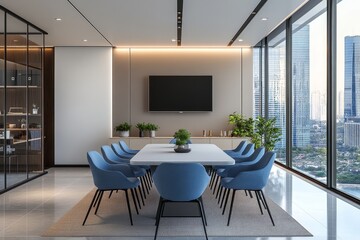 Poster - Modern office conference room with a large window overlooking a city skyline. (1)