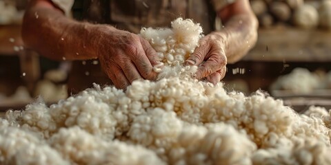 Hands of a worker processes sheep wool close-up sheep