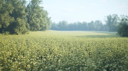 Poster - A field of grass with trees in the background
